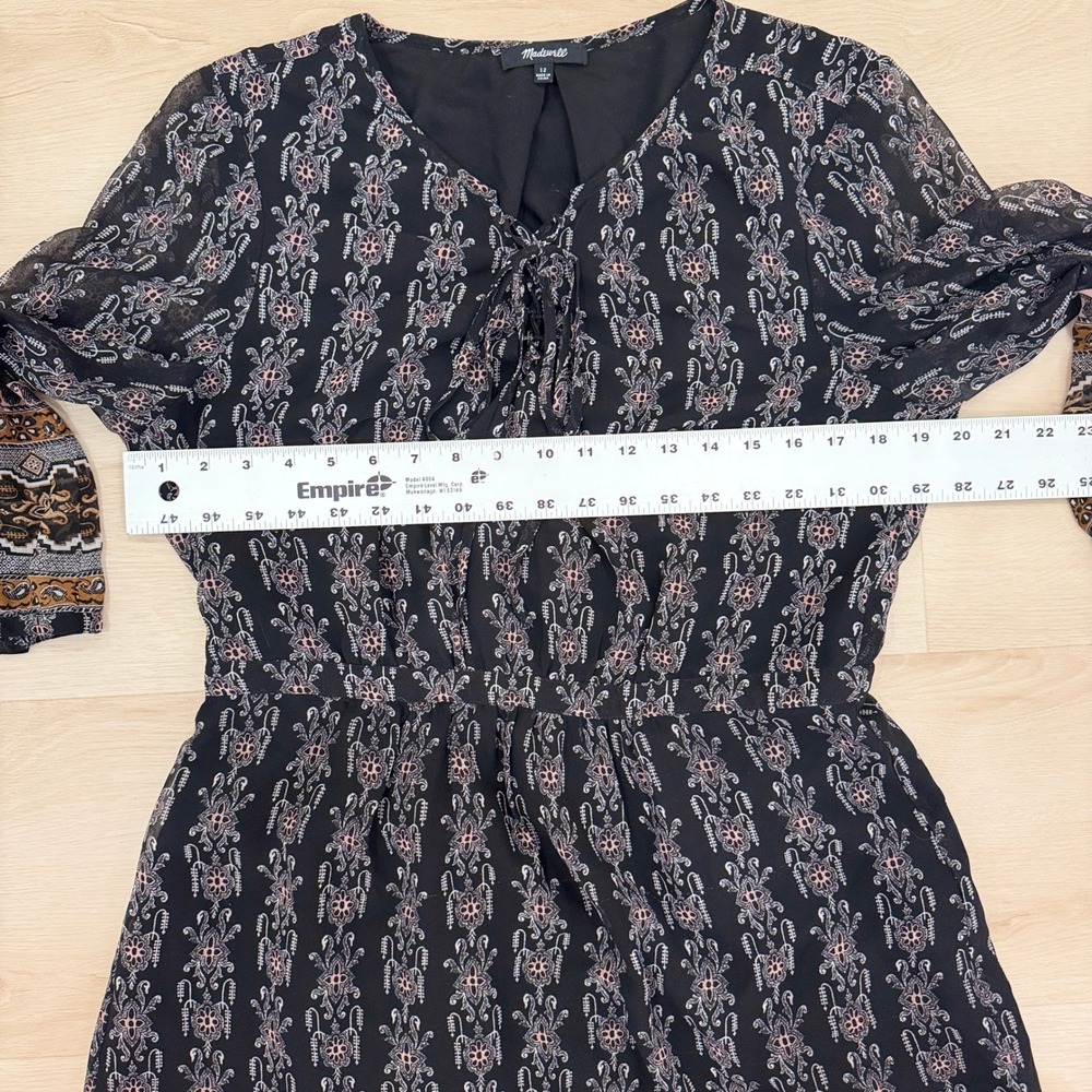 Madewell Long Sleeve Mini Dress Damask Print Allover Cinched Waist Blue 12 Boho - Picture 10 of 15